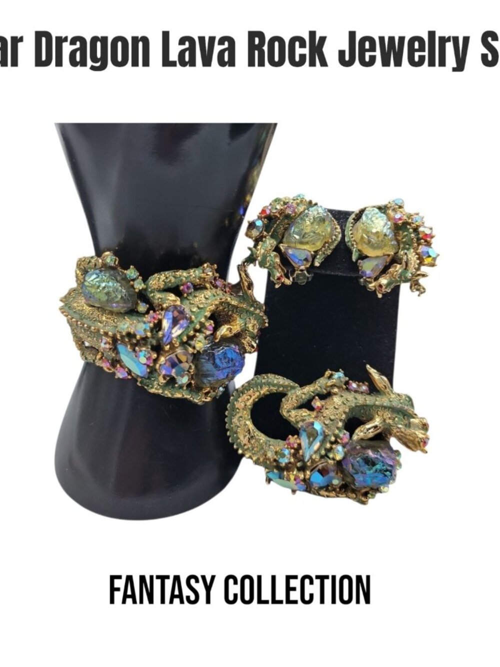 Vtg HAR Dragon Fantasy Lava Rock Demi-Parure 1959 Brooch Bracelet Earrings Set